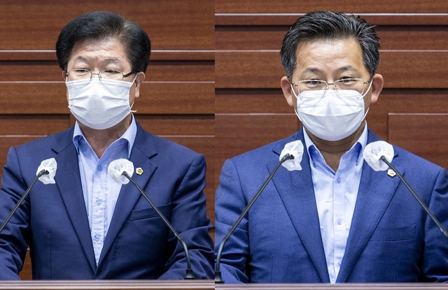 ▲ 경북도의회 신공항이전지원특별위원회는 16일 제1차 회의를 갖고 홍정근 위원(왼쪽)을 위원장으로 선출했다. 부위원장에는 김시환 위원(오른쪽)이 선출됐다.ⓒ경북도의회