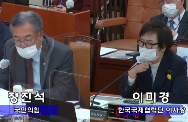 ▲ 정대협 홍보위원장 등을 지낸 이미경(오른쪽) 한국국제협력단 이사장이 19일 국회 외교통일위원회 국정감사에 출석해 답변하고 있다. 이 이사장은 이 자리에서 