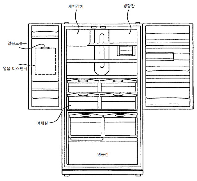▲ 프렌치도어 냉장고를 편리하게 쓸 수 있도록 상단의 냉장실 안에 제빙장치를 탑재해 얼음을 만드는 ‘본체 제빙’ 기술의 특허 도면. ⓒLG전자