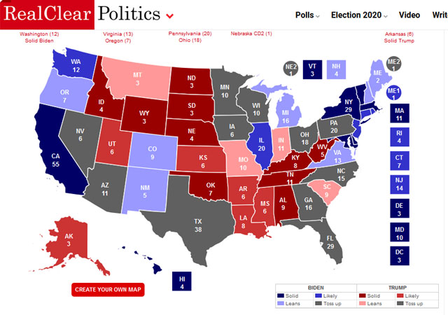 ▲ 2020년 11월 미국 대선 판세 예측지도. ⓒ리얼클리어폴리틱스 홈페이지 캡쳐.