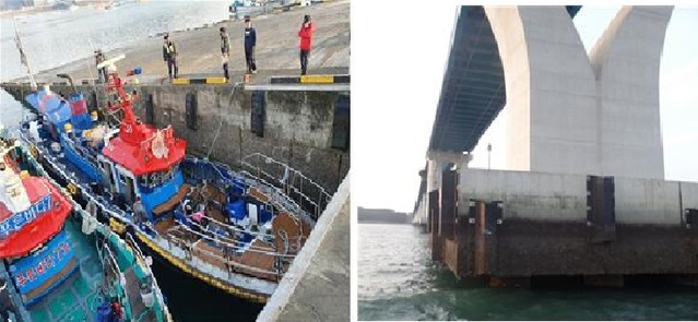 ▲ 31일 충남 태안군 원산안면대교 교각과 충돌한 낚싯배 푸른바다호(좌)와 교각.ⓒ충남소방본부