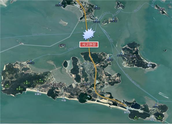 ▲ 충남 태안 낚싯배 원산안면대교 충돌사고 위치도.ⓒ충남소방본부