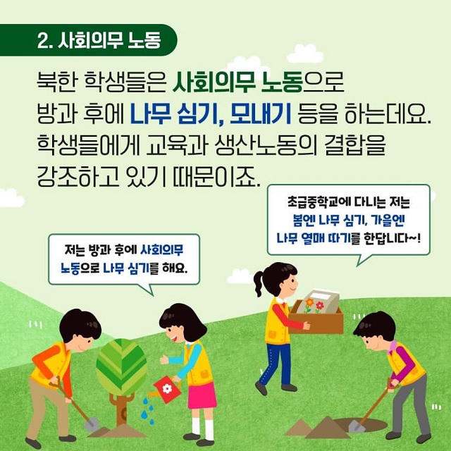 ▲ 통일부가 지난 3일 북한 어린이 강제노역을 북한의 '방과 후 활동' '사회의무 노동'으로 미화하는 듯한 카드뉴스를 제작해 논란이 일고 있다.ⓒ통일부 페이스북
