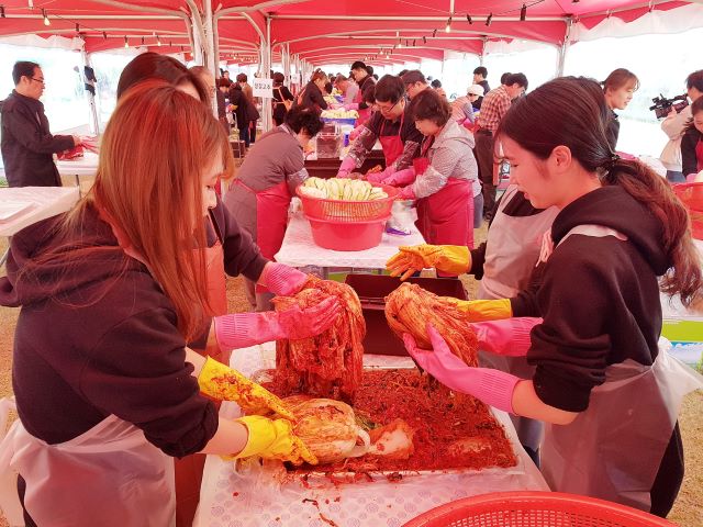 ▲ ‘2019괴산김장축제’가 시작된 8일 전국에서 몰려온 많은 방문객들이 ‘우리가족 김장담그기’ 행사에 참여해 김장김치를 만들고 있다.ⓒ괴산군