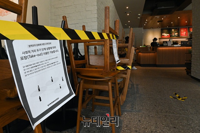 ▲ 사회적 거리두기 2단계로 격상된 24일 오후 서울 시내 한 카페에 '포장만 가능하다'는 안내문이 붙어있다. ⓒ권창회 기자