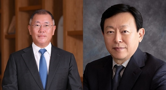 ▲ 사진 왼쪽부터 정의선 현대자동차그룹 회장과 신동빈 롯데그룹 회장 ⓒ각사