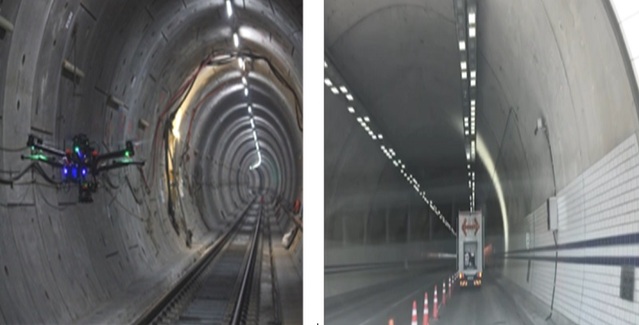 ▲ 무인체(드론)를 활용한 터널 유지보수 시스템(좌).고속주행(60km/h) 영상촬영 차량을 활용한 터널 유지보수 시행. ⓒ철도공단 충청본부