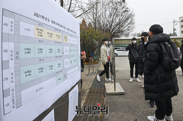 ▲ 2021학년도 대학수학능력시험 예비소집일인 2일 오전 서울 용산구 선린인터넷고등학교에서 수험생들이 수험표를 받기 위해 줄을 서 있다. ⓒ권창회 기자