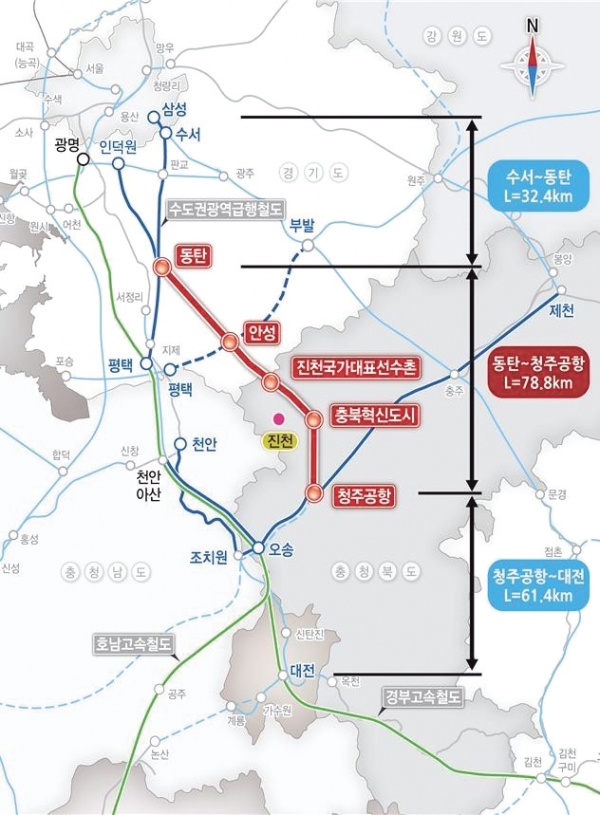 ▲ 수도권 내륙선철도 노선도.ⓒ진천군