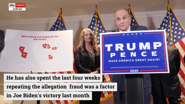 ▲ 호주 스카이뉴스의 트럼프 캠프를 대리해 대선 법정투쟁을 이끌고 있는 루돌프 관련 보도. 호주 스카이뉴스는 트럼프 측의 의견을 자주 보도해주는 매체 가운데 하나다. ⓒ호주 스카이뉴스 유튜브 채널캡쳐.