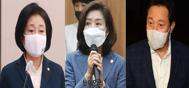 ▲ (좌측부터) 박영선 중소벤처기업부 장관·나경원 전 미래통합당(현 국민의힘) 의원·오세훈 전 서울시장.ⓒ공동취재단 및 뉴데일리DB