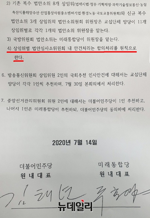 ▲ 여야 원내대표가 지난 7월 14일 국회 개원에 합의하며 작성한 합의문. 법안소위 내 안건 처리는 합의처리를 원칙으로 한다는 데에 양당 원내대표가 서명했다. ⓒ뉴데일리DB