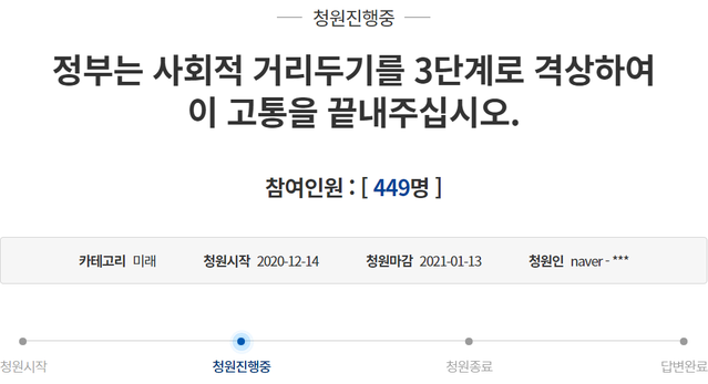 ▲ 청와대 국민청원 게시판에 '정부는 사회적 거리두기를 3단계로 격상하여 이 고통을 끝내주십시오'라는 제목의 청원이 지난 14일 올라왔다. ⓒ청와대 국민청원 게시판