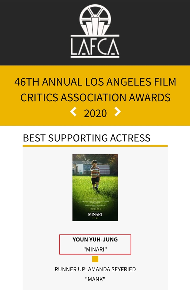 ▲ 영화 '미나리'로 평단의 극찬을 받고 있는 배우 윤여정. ⓒLA비평가협회 홈페이지