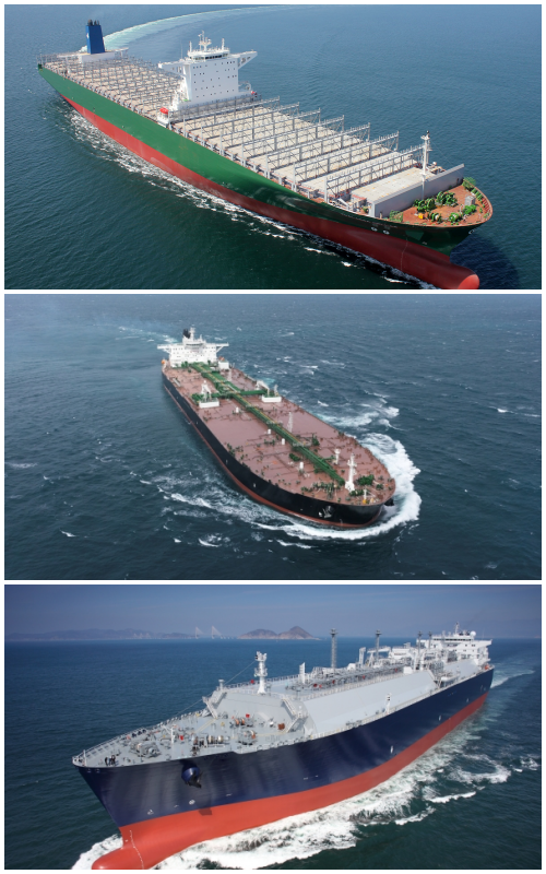 ▲ 상단부터 한국조선해양이 건조한 초대형 컨테이너선, 대우조선해양이 건조한 VLCC, 삼성중공업이 제작한 LNG선ⓒ자료사진