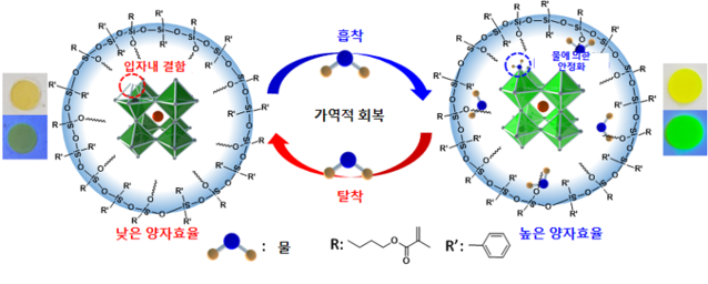 ▲ KAIST 신소재공학과 배병수 교수 연구팀이 개발한 실록산 재료에 의해 캡슐화된 페로브스카이트 나노 입자 복합체의 개념도 및 사진.ⓒKAIST