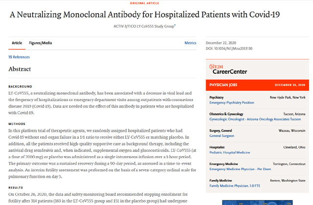 ▲ 다국적 연구팀이 일라이 릴리사의 항체치료제가 실제로는 효과가 없다는 연구 결과를 내놨다. 실제 일라이 릴리사는 항체치료제 개발을 중단했다. ⓒ뉴잉글랜드 저널 오브 메디신에 게재된 논문 캡쳐.