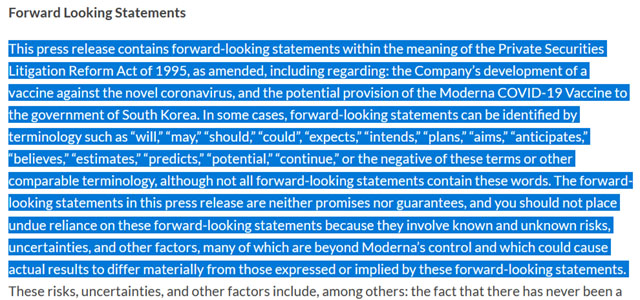 ▲ 모더나가 29일(현지시간) 내놓은 보도자료 가운데 주의사항에 대한 설명. ⓒ모더나 홈페이지 캡쳐.