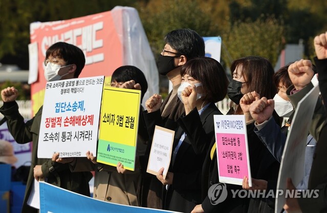 ▲ 참여연대, 한국소비자단체협의회 등 관계자들이 국회 앞에서 기자회견을 열고 징벌적 손해배상제 등의 입법을 촉구하고 있다.ⓒ연합뉴스