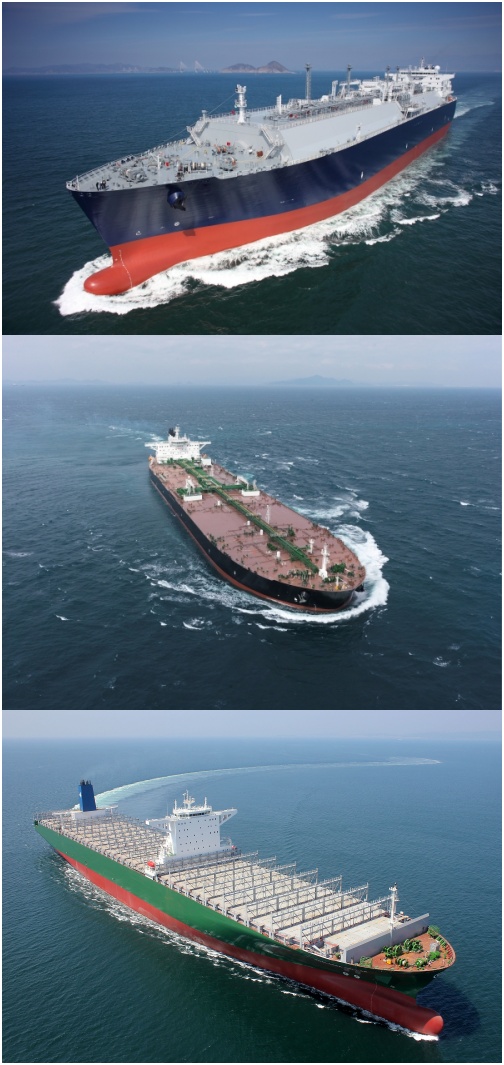 ▲ 위에서부터 삼성중공업의 LNG선, 대우조선해양의 VLCC, 현대중공업의 초대형 컨테이너선ⓒ자료사진