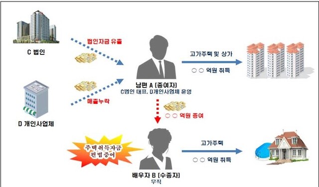 ▲ 법인자금 유출·매출누락을 통해 배우자에 주택취득자금을 편법증여한 사례 ⓒ국세청 자료