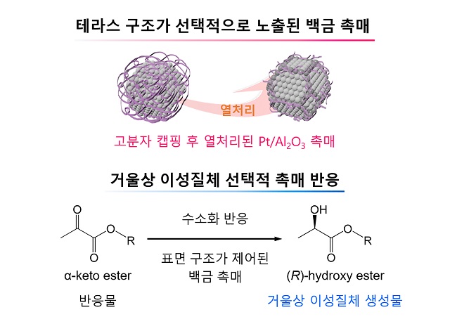 ▲ (상)거울상 이성질체 선택도의극대화를 위해 테라스(terrace) 표면 구조만 선택적으로 노출된 백금 나노촉매의개념도, (하)수소화 촉매 반응.ⓒ포스텍