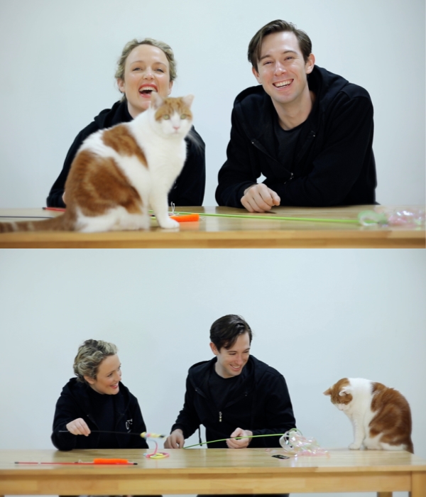 ▲ '캣츠' 배우 벤자민 콜리, 홀리 메건이 카라 '킁킁도서관'의 인기 사서이자 길에서 구조된 고양이 알식이와 함께 출연하며 교감을 나누고 있다.ⓒ클립서비스, 카라