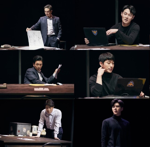 ▲ 연극 '얼음' 공연 장면(상→하·좌→우: 정웅인·이창용, 이철민·신성민, 박호산·김선호).ⓒ장차, 파크컴퍼니