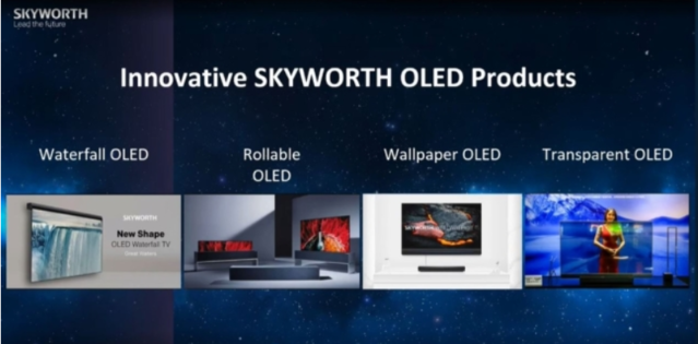 ▲ CES 2021 스카이워스 OLED 설명회 영상. 왼쪽에서 두번째 롤러블 OLED에 쓰인 사진이 LG 시그니처 올레드 R 이미지를 도용한 것으로 추정된다. ⓒ스카이워스 CES 영상