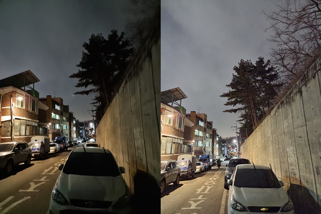 ▲ 갤럭시S21 울트라 야간모드 적용 전 후. ⓒ이성진 기자