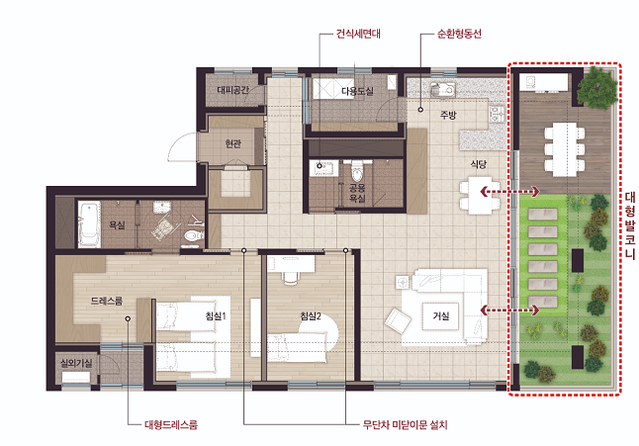 ▲ 집안에서 가드닝, 반려 동물 케어, 홈트레이닝 등 외부여가활동이 가능하도록 설계된 롯데건설의 비스포크 발코니. ⓒ 롯데건설