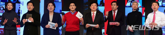 ▲ 국민의힘 서울시장 예비후보들이 29일 서울 용산구 백범김구기념관에서 열린 서울시장 후보 비전스토리텔링PT에서 발표를 하고 있다. 왼쪽부터 나경원 오세훈 조은희 오신환 이종구 김선동 김근식 이승현 후보.ⓒ뉴시스·공동취재사진