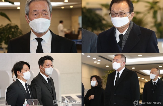 ▲ (좌측 상단부터 시계방향) △정몽준 아산재단 이사장 △이해찬 더불어민주당 전 대표 △정의선 현대차그룹 회장(중)과 정성이 이노션 고문(좌), 선두훈 대전선병원 이사장 △정지선 현대백화점그룹 회장(우)과 정교선 부회장 등이 정상영 KCC 명예회장의 빈소를 찾았다. ⓒ연합뉴스