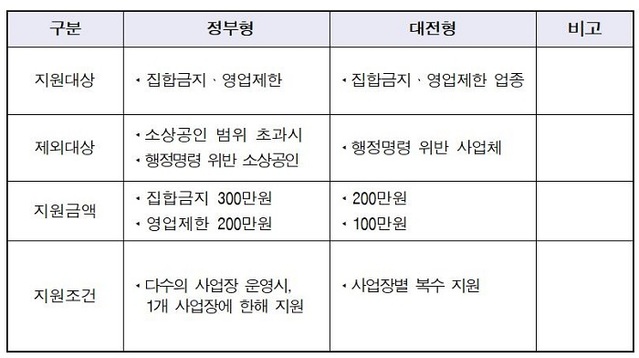 ▲ 정부형 '버팀목자금' 지급기준 비교표.ⓒ대전시