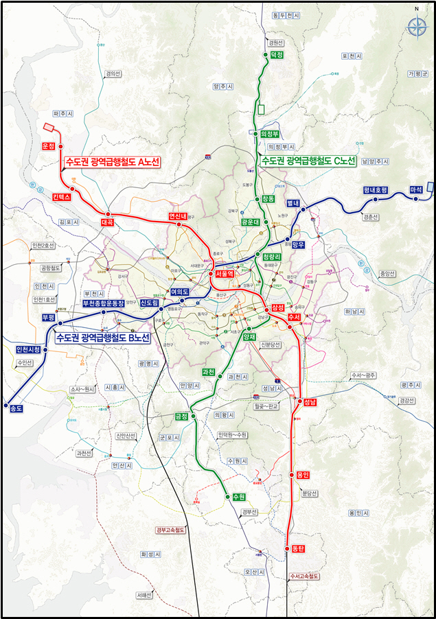 ▲ GTX(수도권광역급행철도) 노선도. ⓒ경기도