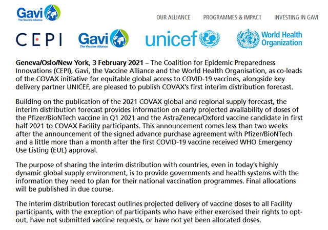 ▲ 코백스 퍼실리티 측은 지난 3일(현지시간) 우한코로나 백신공급 중간보고서를 내놨다. ⓒ세계백신연합 홈페이지 캡쳐.