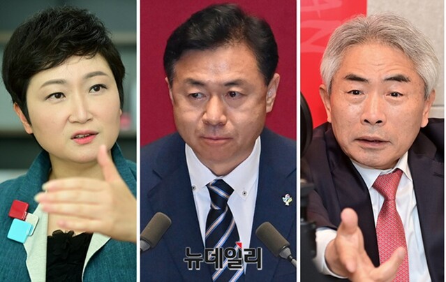 ▲ 4·7 부산시장보궐선거에 출마한 (왼쪽부터) 이언주 국민의힘 예비후보와 김영춘 더불어민주당 예비후보, 정규재 무소속 예비후보. ⓒ정상윤 기자