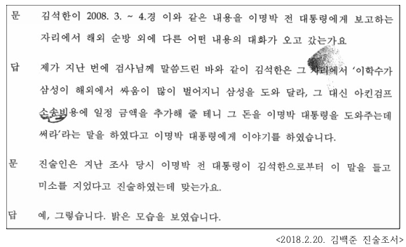 ▲ 2018년 2월 20일 김백준이 검찰에서 진술한 진술조서의 일부.ⓒ자료=강훈 변호사