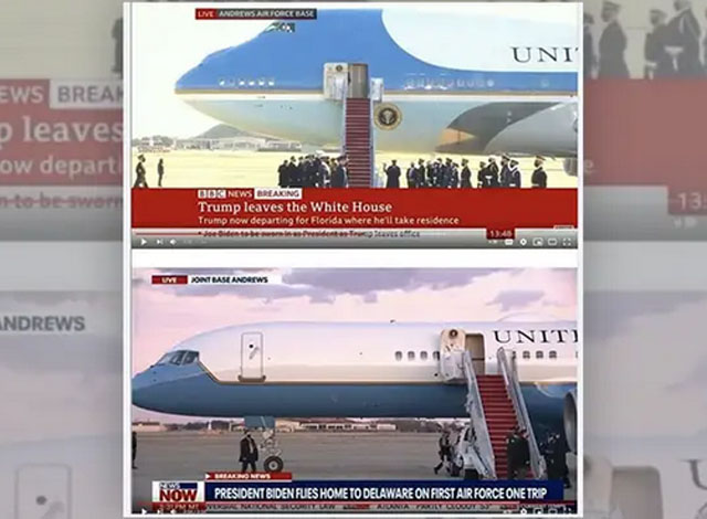 ▲ 도널드 트럼프 전 대통령과 조 바이든 현 대통령의 '에어포스 원' 탑승장면을 비교한 사진. ⓒ트위터 캡쳐.