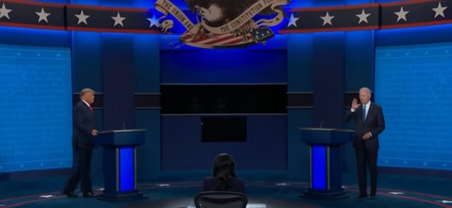 ▲ 지난해 10월 도널드 트럼프 미 대통령이자 공화당 대선후보와 조 바이든 민주당 후보가 스탠딩 형식으로 토론을 벌이는 모습. ⓒ유튜브 캡처