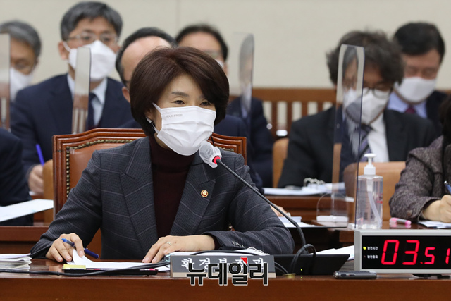 ▲ 한정애 환경노동부 장관이 17일 국회에서 열린 환경노동위원회 전체회의에 출석해 의원들 질문에 답하고 있다.ⓒ이종현 기자