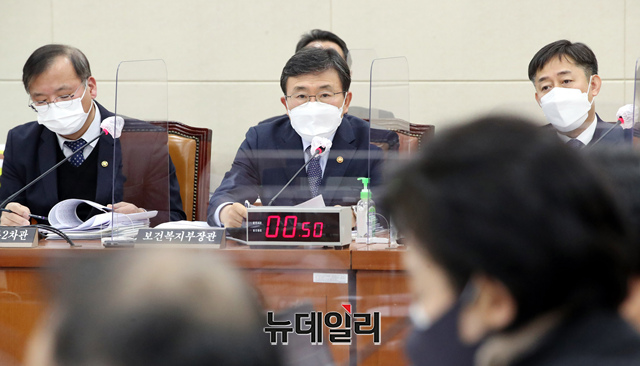 ▲ 권덕철 보건복지부 장관이 17일 오전 국회에서 열린 보건복지위원회 전체회의에 출석해 의원들의 질문에 답하고 있다. (사진=공동취재단) ⓒ이종현 기자