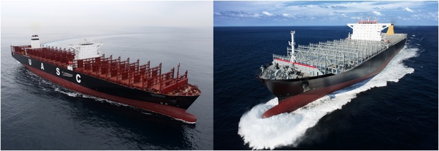 ▲ 왼쪽부터 현대중공업이 건조한 컨테이너선과 삼성중공업이 만든 컨테이너선ⓒ자료사진