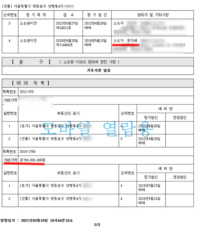 ▲ 문다혜 씨가 매도한 서울시 영등포구 양평동 다가구주택 등기부등본.