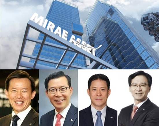 ▲ (왼쪽부터) 미래에셋대우 최현만 수석부회장, 조웅기 부회장, 이만열 글로벌부문 대표 사장, 김재식 PI 총괄 사장