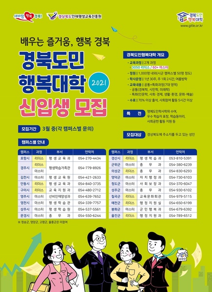 ▲ 경상북도는 올해 1월 새롭게 출범한 ‘경북도민행복대학’이 3월 한 달 동안 신입생을 모집한다.ⓒ경북도