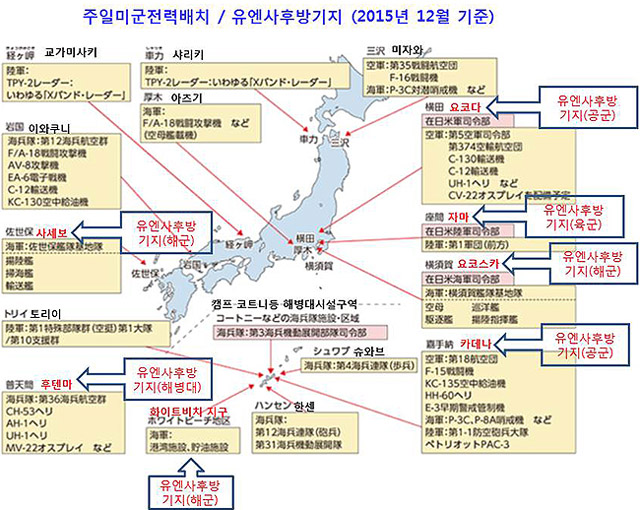 ▲ 주일미군 기지의 상당수가 유엔사령부 후방기지 임무도 겸하고 있다. 사진은 2015년 말 기준 유엔사 후방기지 현황. ⓒ한미우호협회 홈페이지 캡쳐.