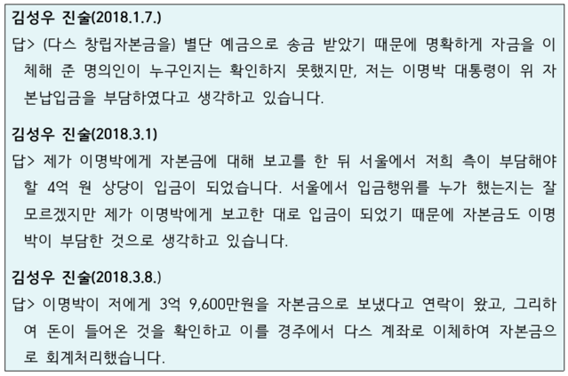 ▲ 다스 설립자본금 관련 김성우 다스 전 사장 검찰진술.ⓒ자료=강훈 변호사