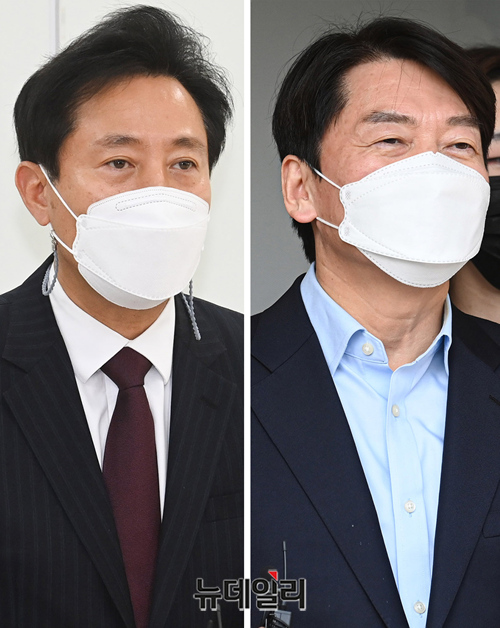 ▲ 단일후보 선출을 위한 여론조사가 시작된 22일, 오세훈·안철수 두 야권 서울시장 후보가 막판 표심잡기에 나섰다. 사진은 지난 19일 선관위에 후보 등록을 마치고 나온 오세훈·안철수 후보. ⓒ정상윤 기자