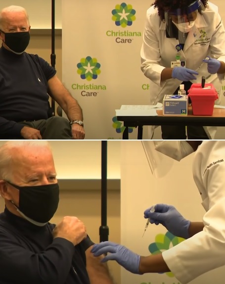 ▲ 지난해 12월 개방된 상태에서 곧바로 추출된 백신을 접종 받는 조 바이든 미국 대통령. ⓒcnbc 유튜브 방송 캡쳐